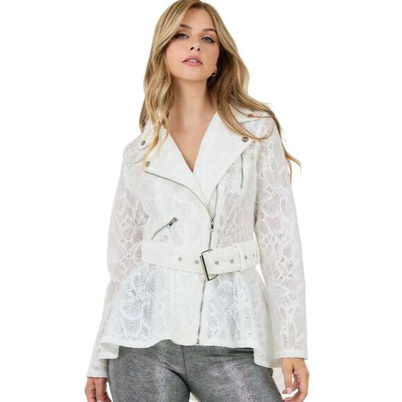 Women's Plus White Lace High Low Belted Zip Up Jacket S, M, L - Picture 2 of 7
